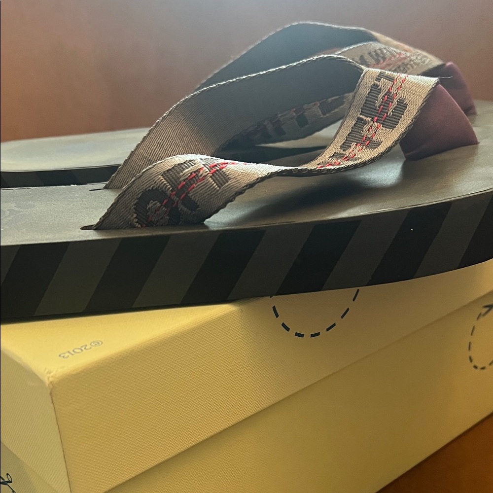 Off-White Black and Gray Flip Flops with Text Design - Picture 2 of 4